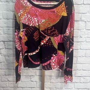 Anthropologie long-sleeve Xl  multicolored artsy print raw edge hem 100% Cotton
